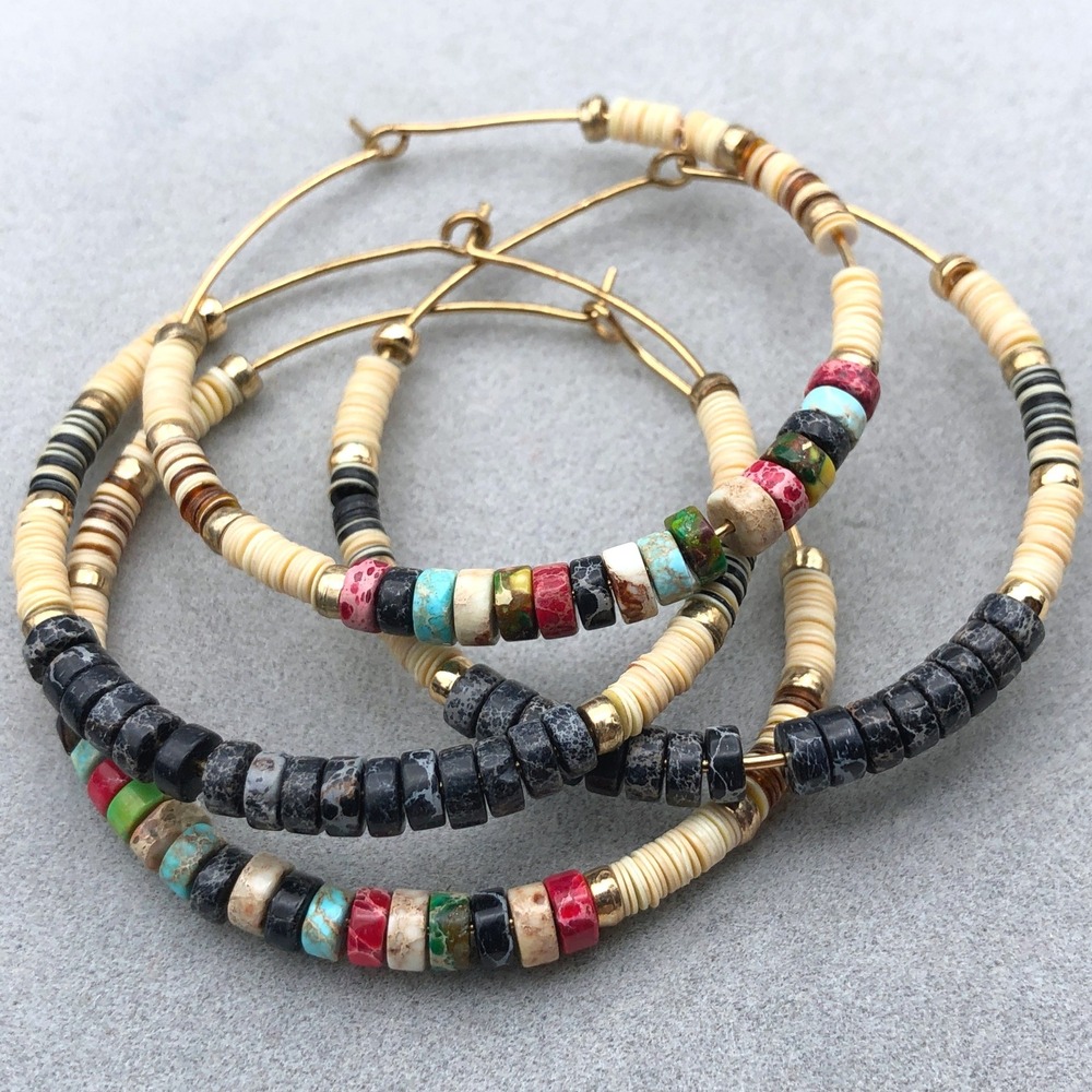 Hoop Earrings 2 pr Multicolor Heishi Bead Stone Accents Lightweight Boho Dangles